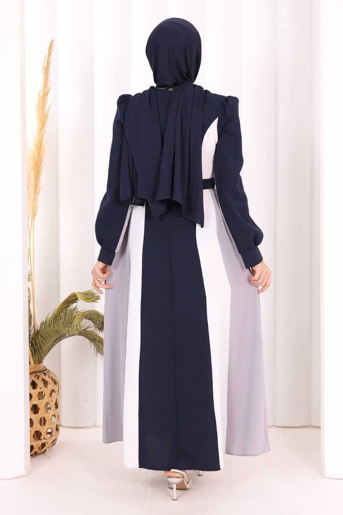 Bym Fashion Bel Kuşaklı Üç Renk Elbise 3901 Lacivert görsel 8