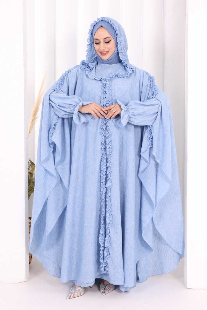 Bym Fashion Keten Pelerinli Elbise Abaya Takım 8021 Açık Gri