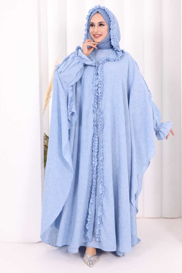Bym Fashion Keten Pelerinli Elbise Abaya Takım 8021 Açık Gri görsel 2