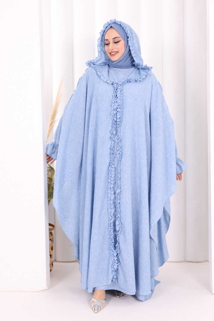 Bym Fashion Keten Pelerinli Elbise Abaya Takım 8021 Açık Gri görsel 3