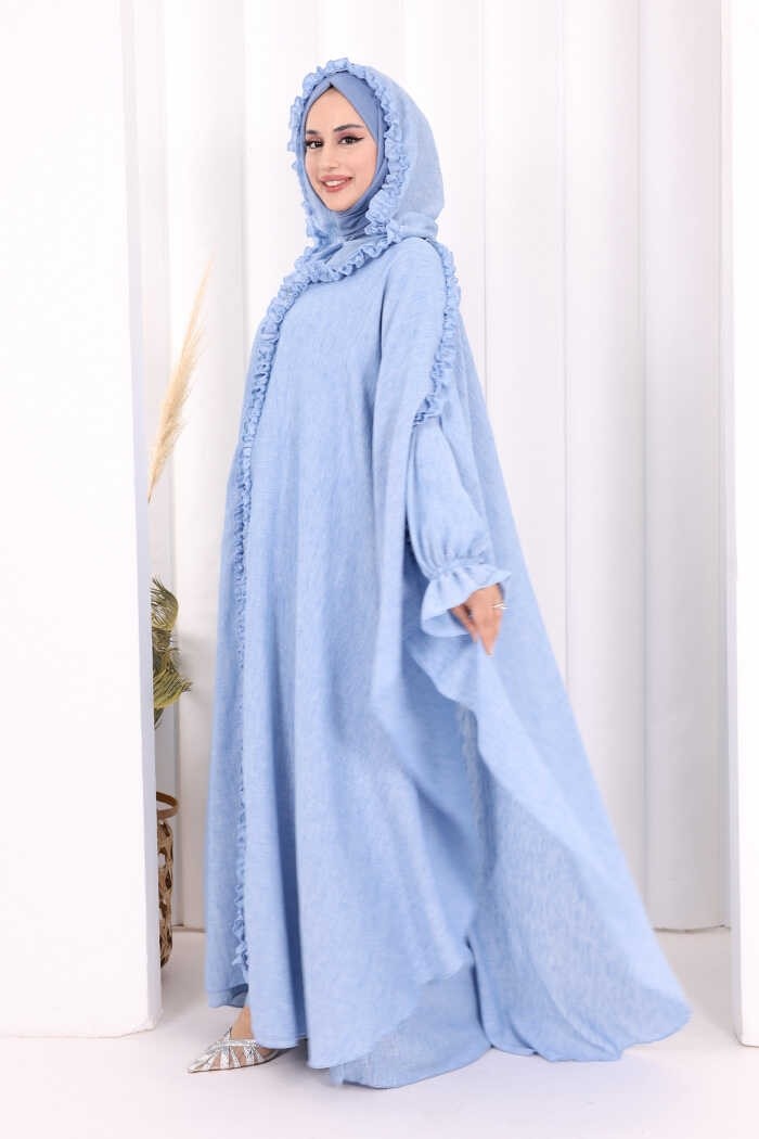 Bym Fashion Keten Pelerinli Elbise Abaya Takım 8021 Açık Gri görsel 4