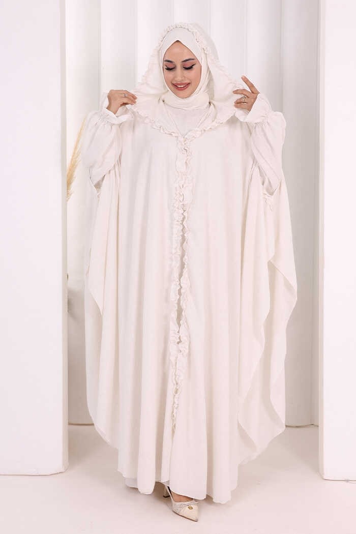 Bym Fashion Keten Pelerinli Elbise Abaya Takım 8021 Açık Gri görsel 6