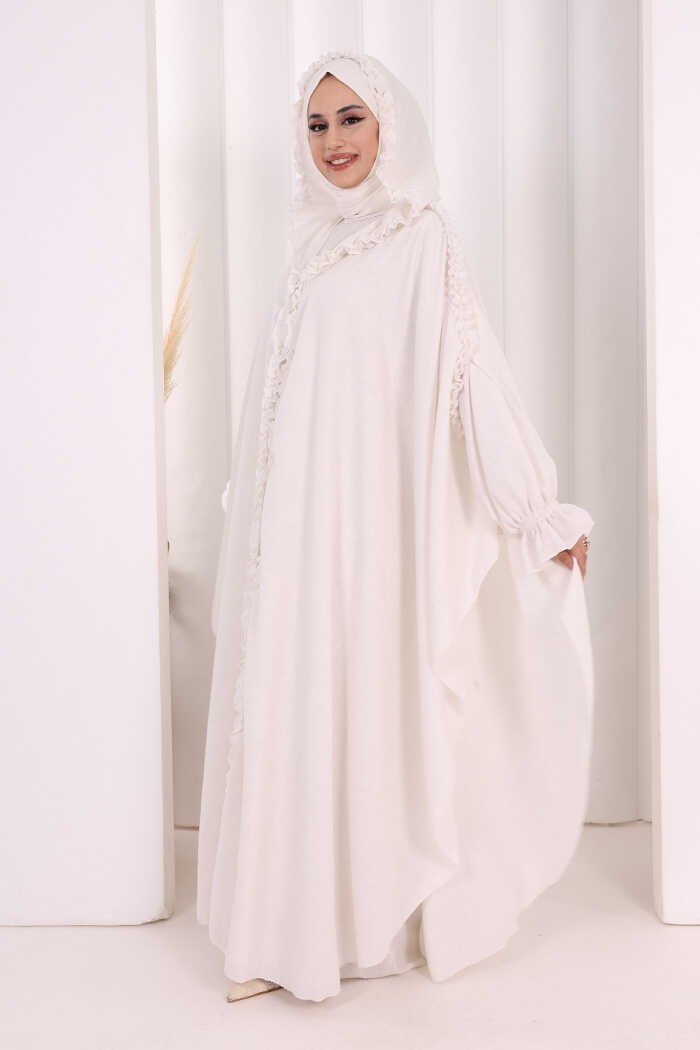 Bym Fashion Keten Pelerinli Elbise Abaya Takım 8021 Açık Gri görsel 7
