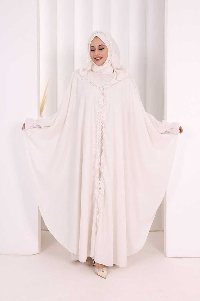 Bym Fashion Keten Pelerinli Elbise Abaya Takım 8021 Açık Gri görsel 8