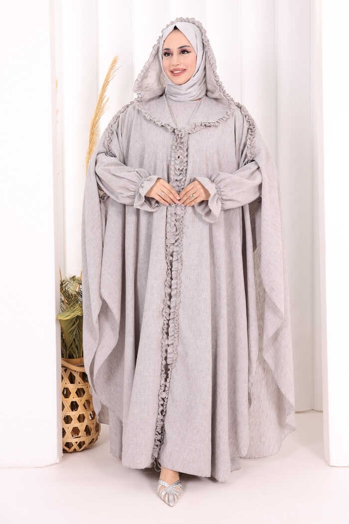 Bym Fashion Keten Pelerinli Elbise Abaya Takım 8021 Açık Gri