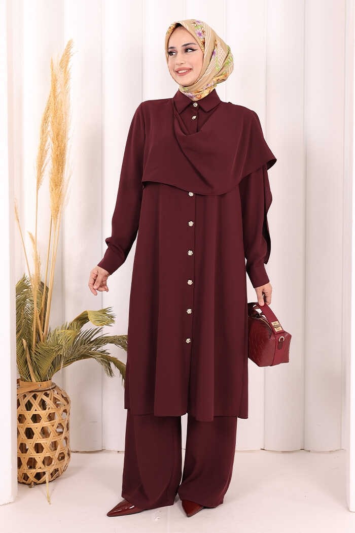 Bym Fashion Önü Şal Detaylı Tunik Pantolon Takım 8018 Mürdüm görsel 6
