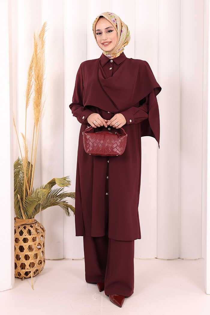 Bym Fashion Önü Şal Detaylı Tunik Pantolon Takım 8018 Mürdüm görsel 7