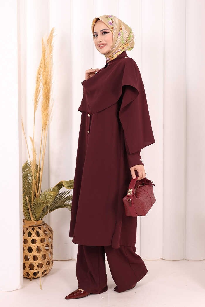Bym Fashion Önü Şal Detaylı Tunik Pantolon Takım 8018 Mürdüm görsel 8
