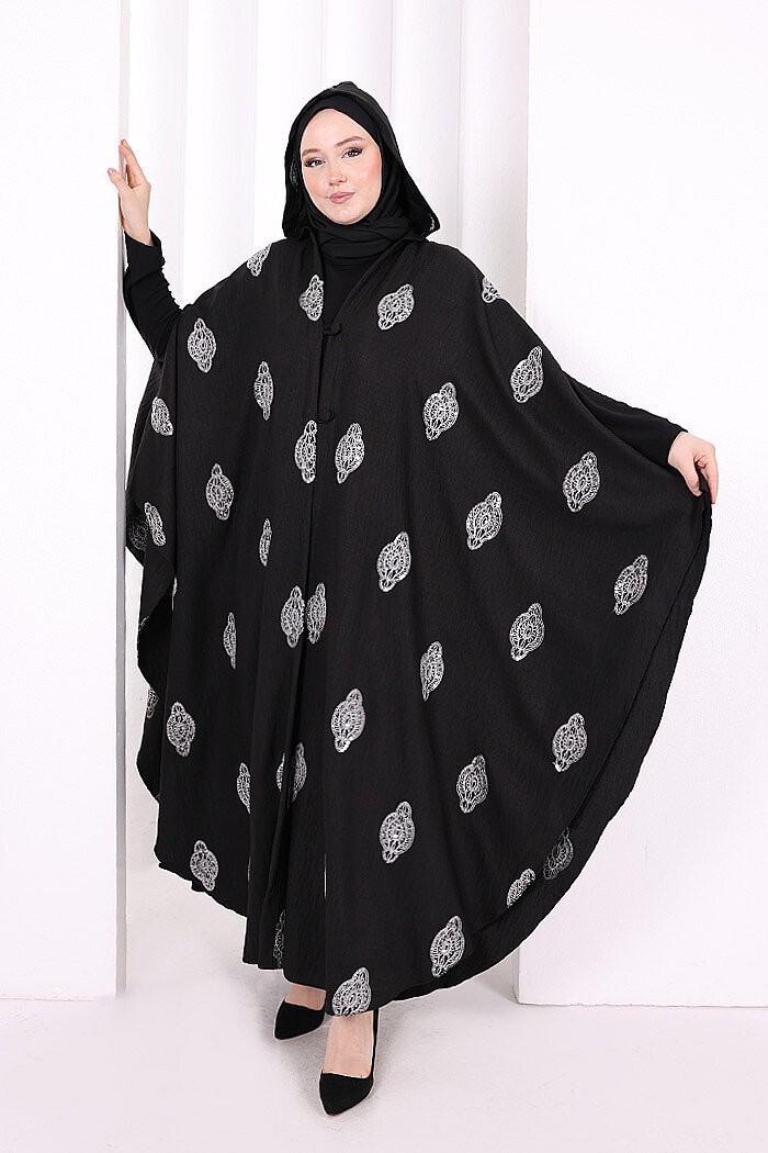 Bym Fashion Kapüşonlu Nakışlı Pelerin 7083 Vizon