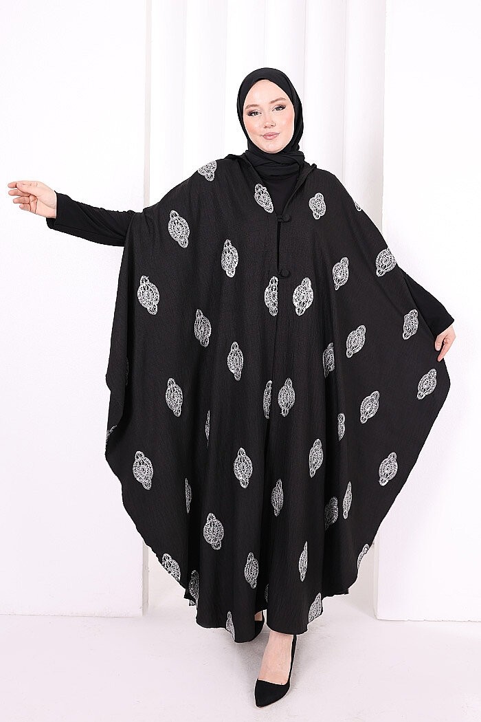 Bym Fashion Kapüşonlu Nakışlı Pelerin 7083 Vizon görsel 2