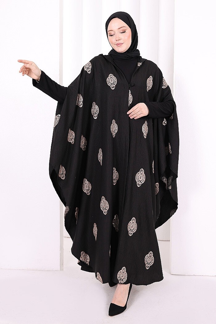 Bym Fashion Kapüşonlu Nakışlı Pelerin 7083 Vizon