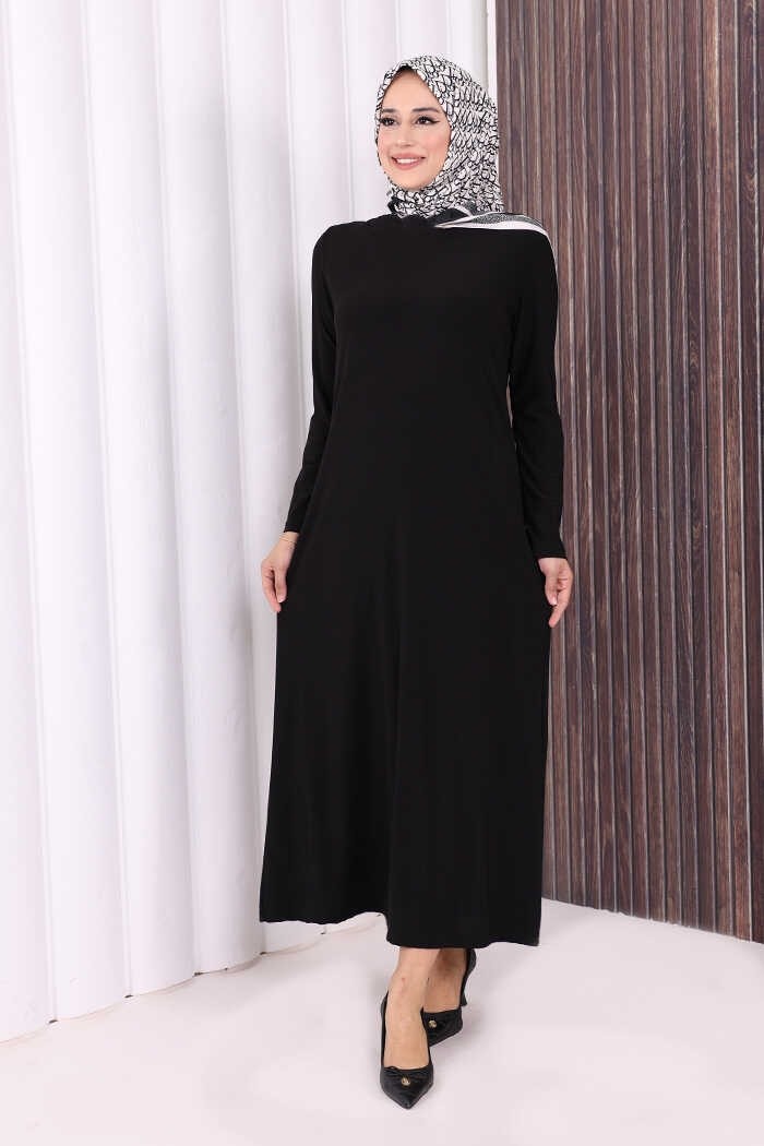 Bym Fashion Düz Bisklet Yaka Uzun Kol Iç Sandy Elbise 3202 Pudra