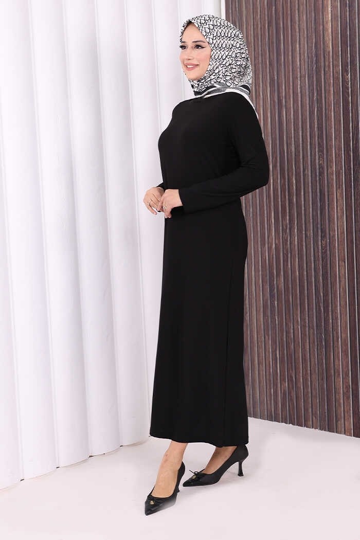 Bym Fashion Düz Bisklet Yaka Uzun Kol Iç Sandy Elbise 3202 Pudra görsel 3