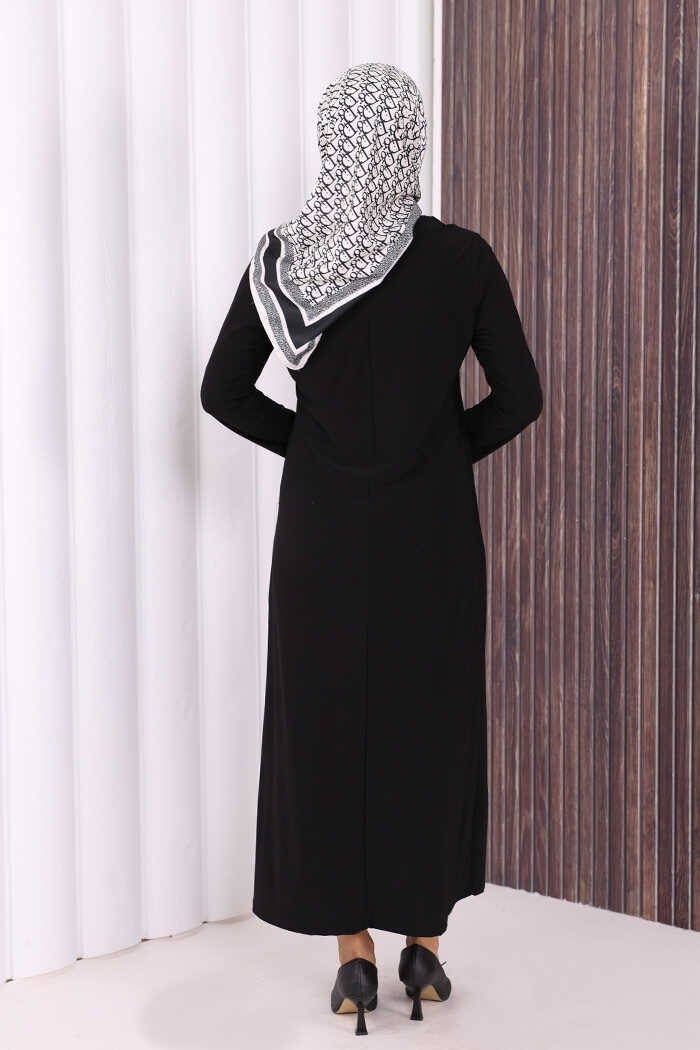 Bym Fashion Düz Bisklet Yaka Uzun Kol Iç Sandy Elbise 3202 Pudra görsel 4