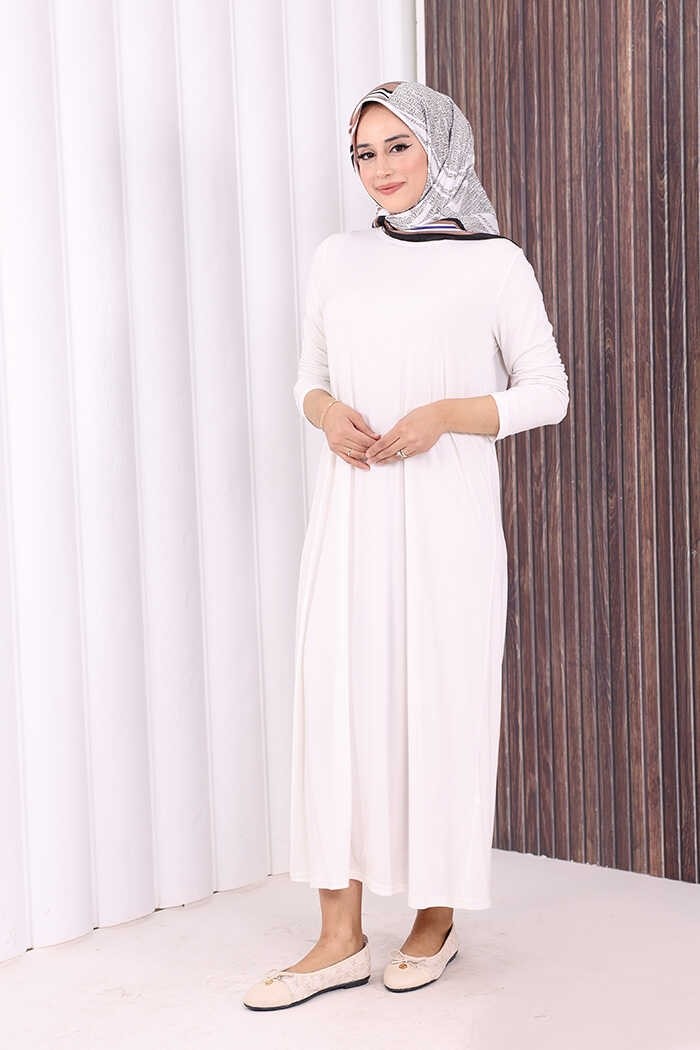 Bym Fashion Düz Bisklet Yaka Uzun Kol Iç Sandy Elbise 3202 Pudra görsel 6