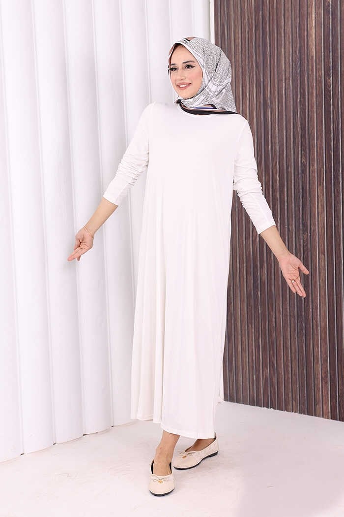 Bym Fashion Düz Bisklet Yaka Uzun Kol Iç Sandy Elbise 3202 Pudra görsel 7