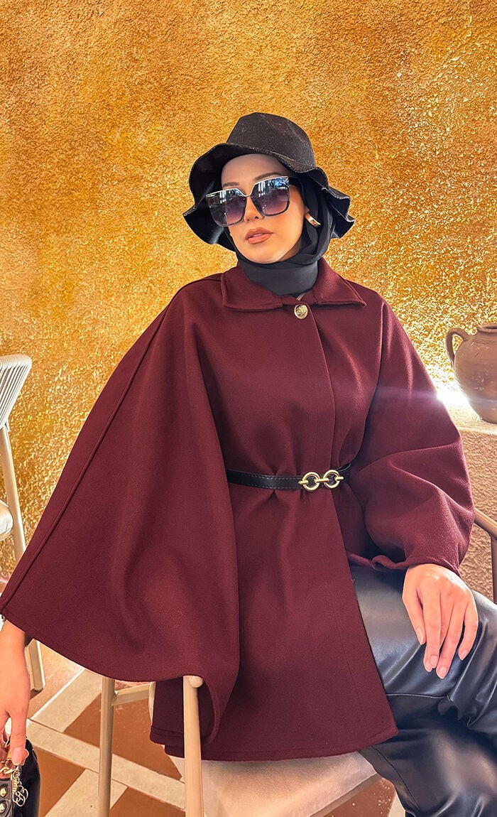 Md Seyyar Kemerli Düğme Detaylı Tesettür Kaşe Panço Bordo görsel 2