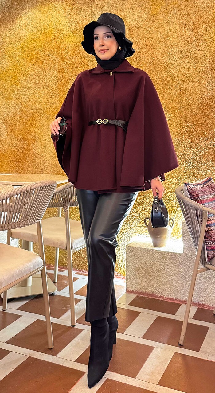 Md Seyyar Kemerli Düğme Detaylı Tesettür Kaşe Panço Bordo