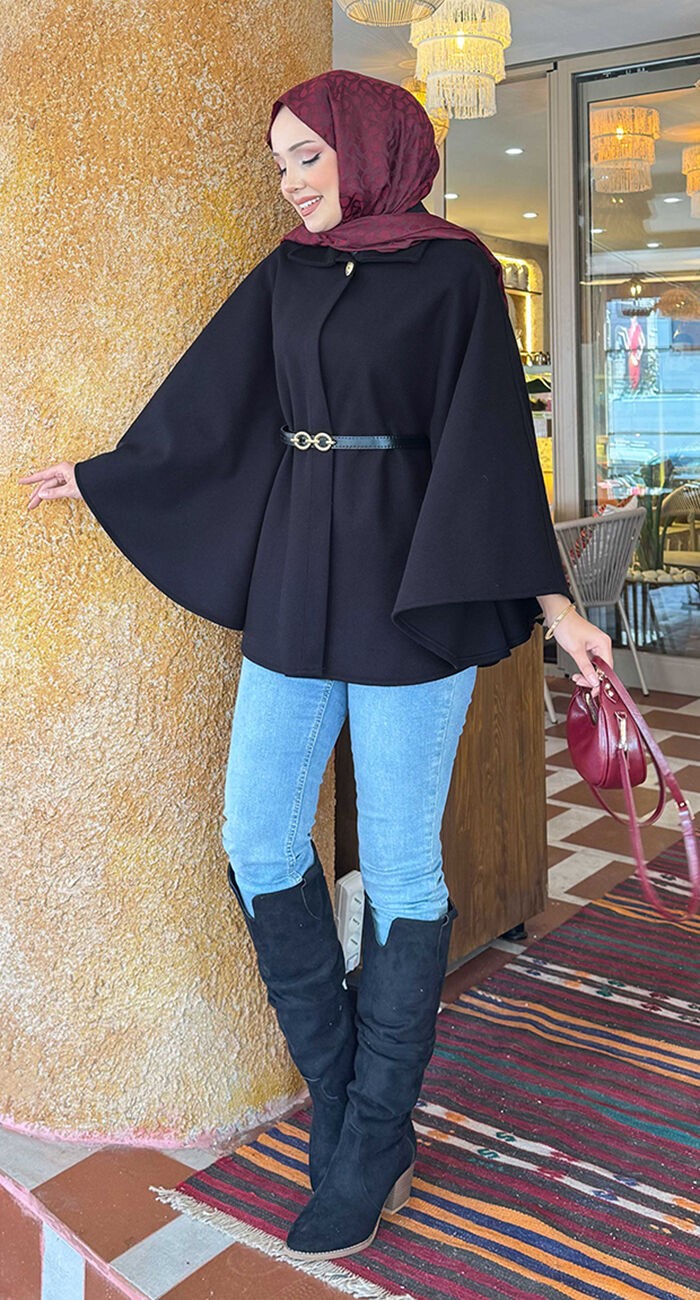 Md Seyyar Kemerli Düğme Detaylı Tesettür Kaşe Panço Siyah
