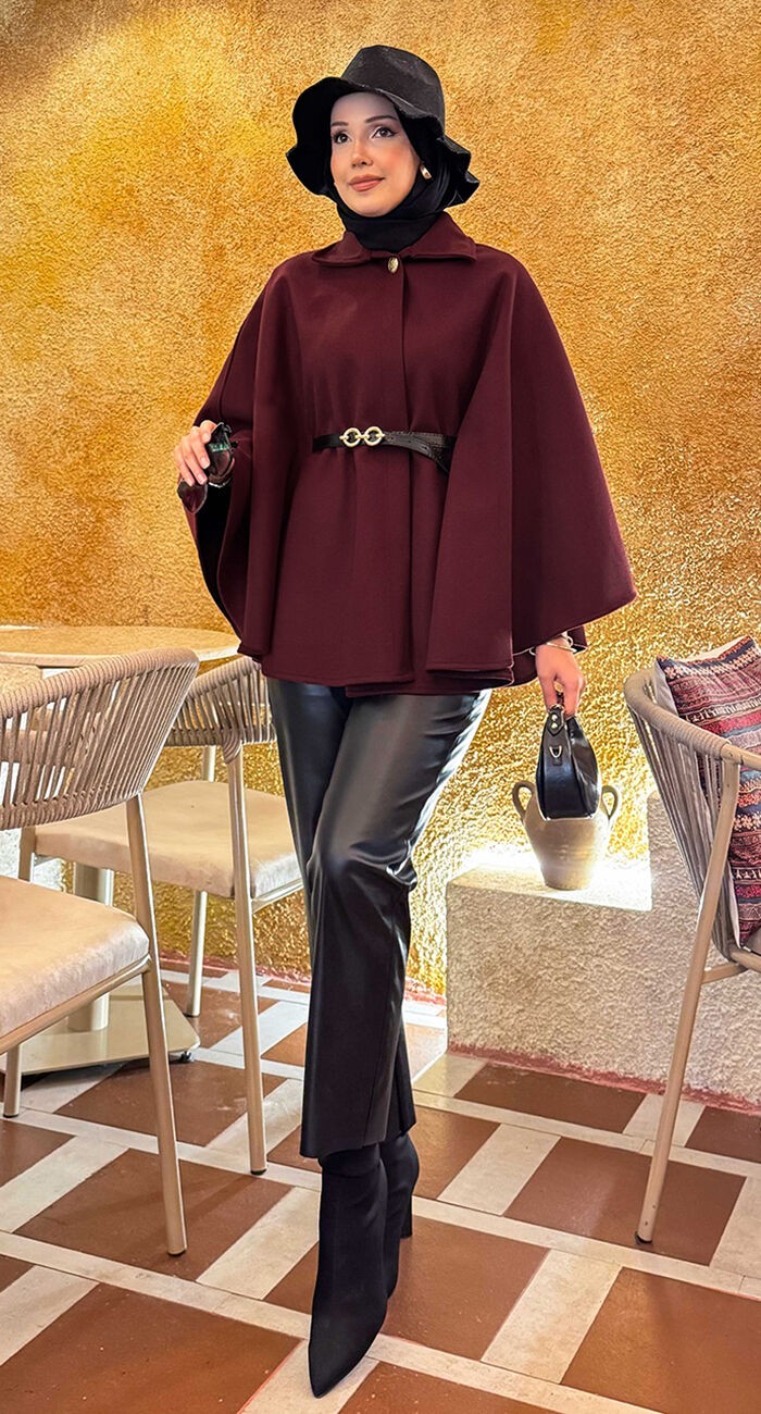 Md Seyyar Kemerli Düğme Detaylı Tesettür Kaşe Panço Bordo görsel 3