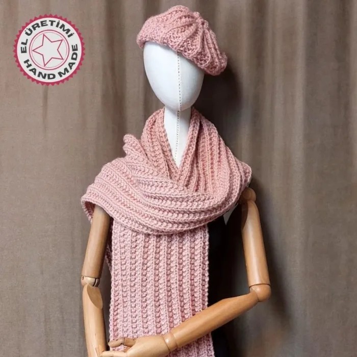 Uretti - Emine 9106 8508 El Örgüsü Bere ve Kaşkol Takımı - Pembe