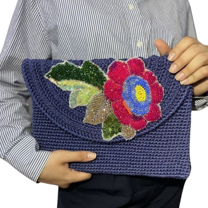 Uretti - Necla 1824 5631 El Yapımı Makrome Ip Çiçek Motifli Boncuk Işleme Detaylı Clutch Çanta / Lacivert görsel 2