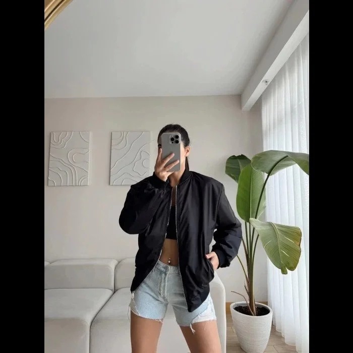 Unisex Içi Astarlı Düz Bomber Ceket - Siyah görsel 2