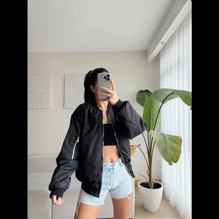 Unisex Içi Astarlı Düz Bomber Ceket - Siyah görsel 3
