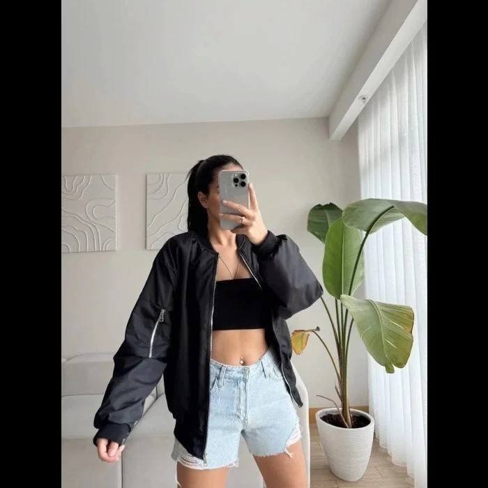 Unisex Içi Astarlı Düz Bomber Ceket - Siyah görsel 4