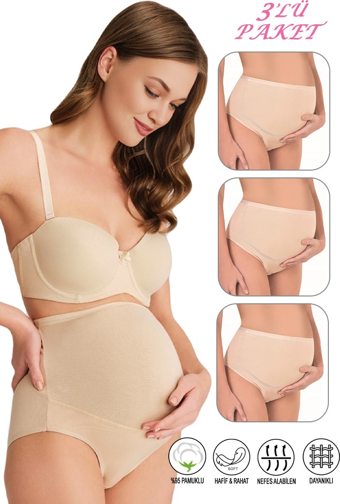 Özkan Underwear Özkan 23582 3'lü Paket Kadın Siyah Beyaz Ten Rengi Pamuklu Likralı Süprem Hamile Lohusa Yüksek Bel Bato Külot