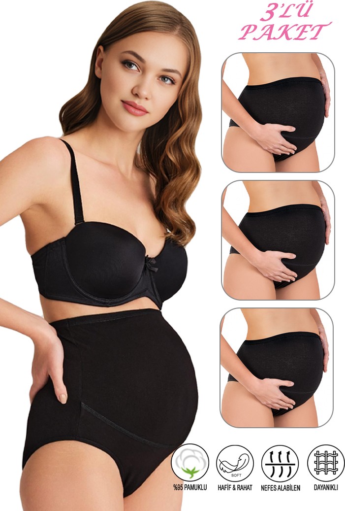 Özkan Underwear Özkan 23582 3'lü Paket Kadın Siyah Beyaz Ten Rengi Pamuklu Likralı Süprem Hamile Lohusa Yüksek Bel Bato Külot görsel 5