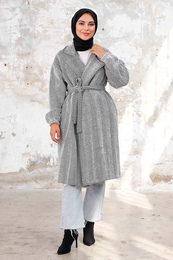 İlkimay Esilay Kuşaklı Oversize Kap 1244 - Beyaz görsel 2