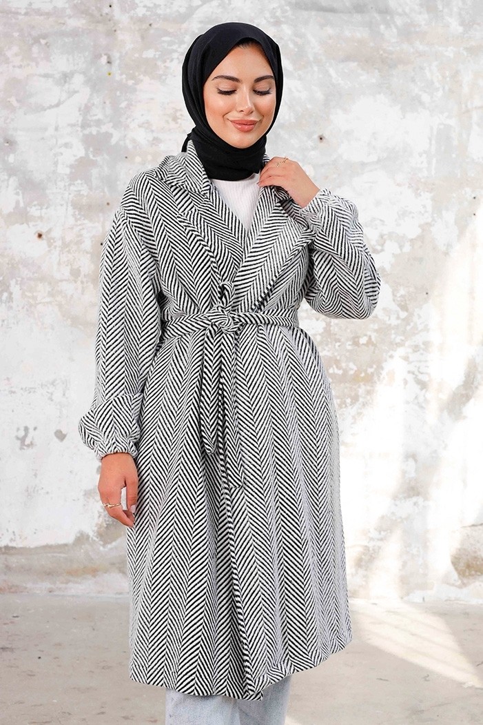 İlkimay Esilay Kuşaklı Oversize Kap 1244 - Beyaz görsel 4