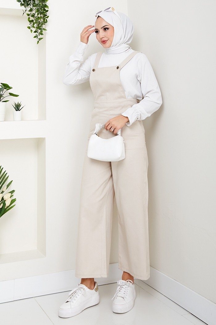 İlkimay.com Gülru Cepli Gabardin Tulum 1587 - Bej görsel 3