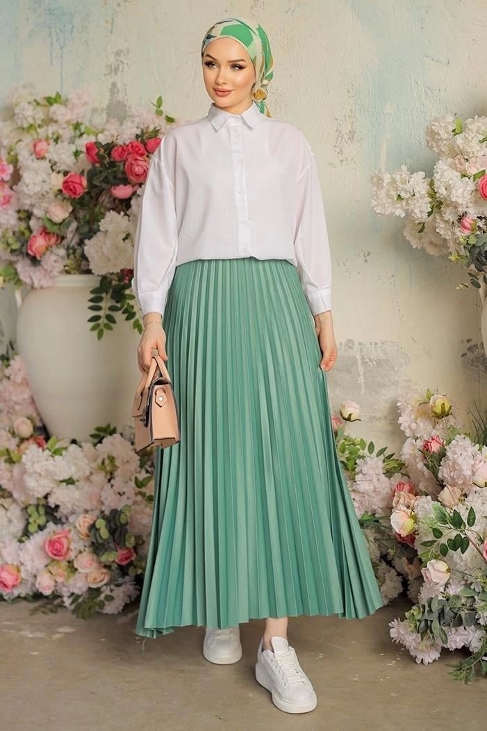 Ata Store Zarif ve Modern Pileli Parlak Krep Gizli Lastikli Mint Etek ( Lisinya )