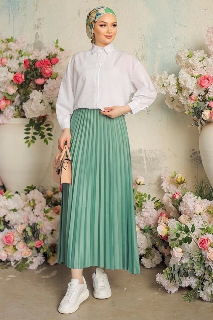 Ata Store Zarif ve Modern Pileli Parlak Krep Gizli Lastikli Mint Etek ( Lisinya ) görsel 4