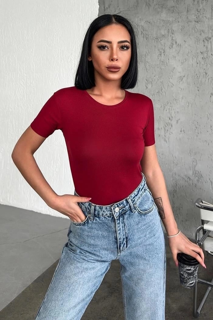 Nemere Rahat ve Şık Kısa Kollu Bisiklet Yaka Likralı Viskon Penye Body Bordo