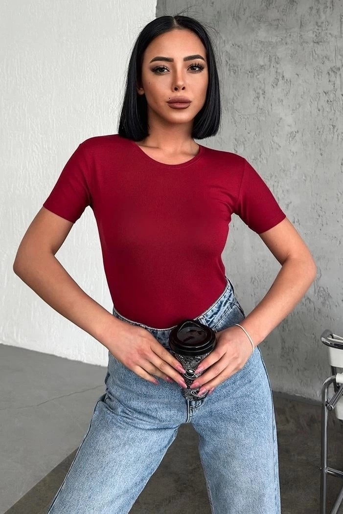 Nemere Rahat ve Şık Kısa Kollu Bisiklet Yaka Likralı Viskon Penye Body Bordo görsel 2