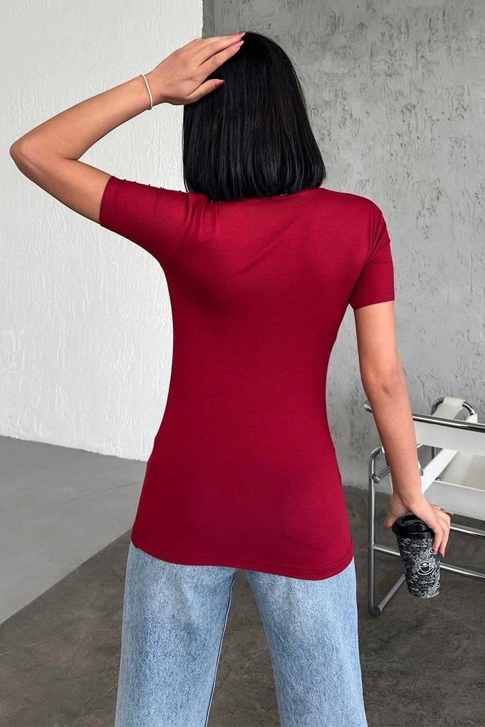 Nemere Rahat ve Şık Kısa Kollu Bisiklet Yaka Likralı Viskon Penye Body Bordo görsel 4
