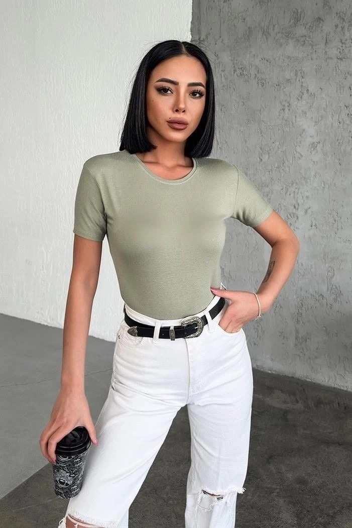 Nemere Rahat ve Şık Kısa Kollu Bisiklet Yaka Likralı Viskon Penye Body Haki