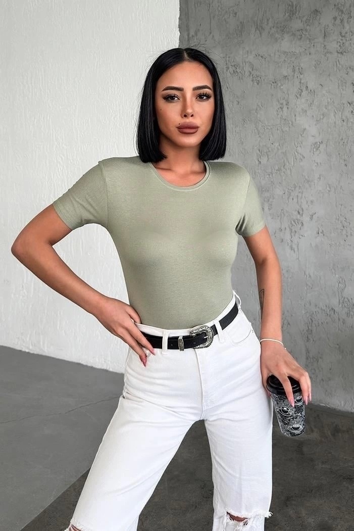 Nemere Rahat ve Şık Kısa Kollu Bisiklet Yaka Likralı Viskon Penye Body Haki görsel 3