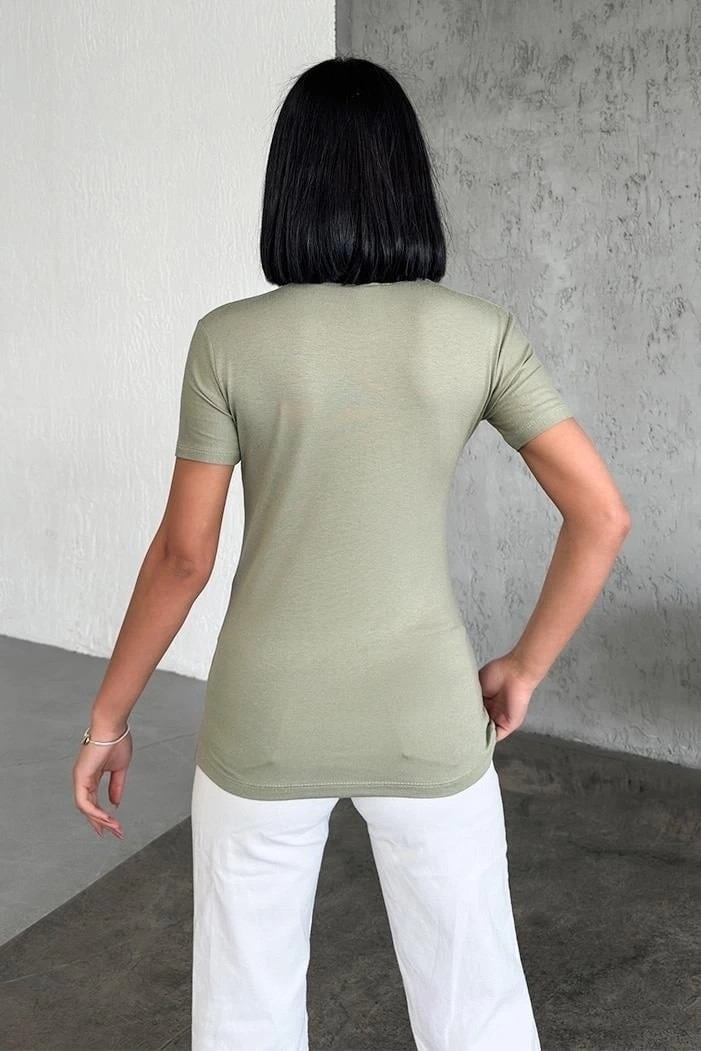 Nemere Rahat ve Şık Kısa Kollu Bisiklet Yaka Likralı Viskon Penye Body Haki görsel 4