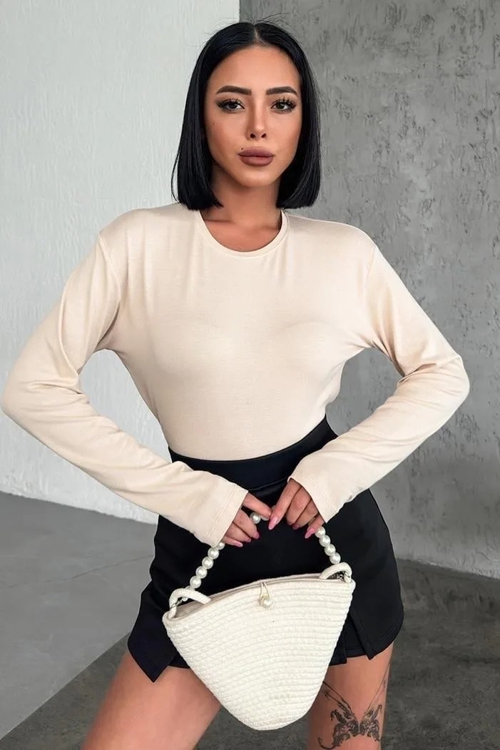 Alkasaz Rahat ve Şık Uzun Kollu Bisiklet Yaka Likralı Viskon Penye Body Bej