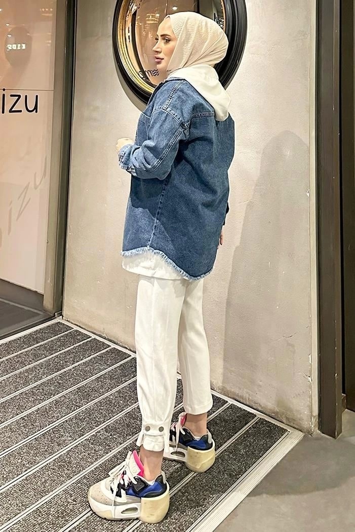 Lisinya Koyu Mavi Kar Yıkama Püskül Detay Kot Ceket Oversize ( Lisinya ) görsel 2