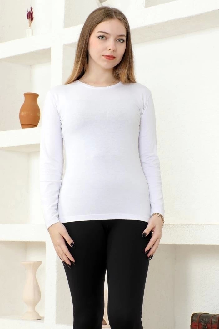Lisinya Rahat ve Şık Uzun Kollu Bisiklet Yaka Likralı Viskon Penye Body Beyaz ( Lisinya )