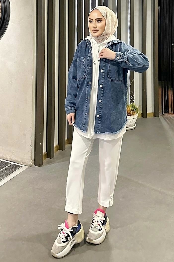 YF Tekstil Ambalaj Koyu Mavi Kar Yıkama Püskül Detay Kot Ceket Oversize ( Lisinya )