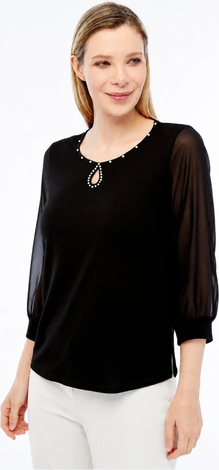 Curvy Trend Büyük Beden Inci Işlemeli Yaka Damla Detaylı Şifon Kol Yan Yırtmaçlı Bluz görsel 2