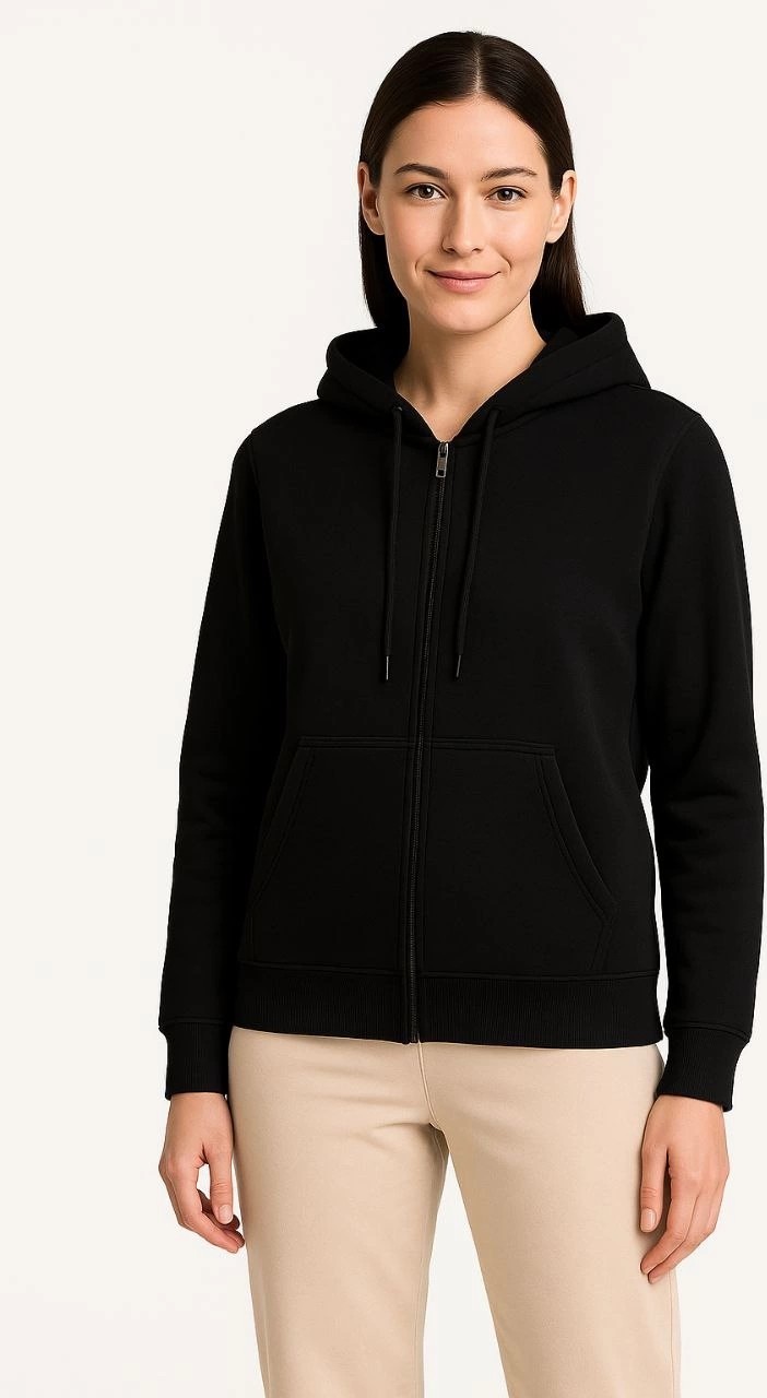 Tarz Yeri Kadın 3 Iplik Kapüşonlu Tam Fermuarlı Kanguru Cepli Sweatshirt Hoodie - Siyah görsel 5