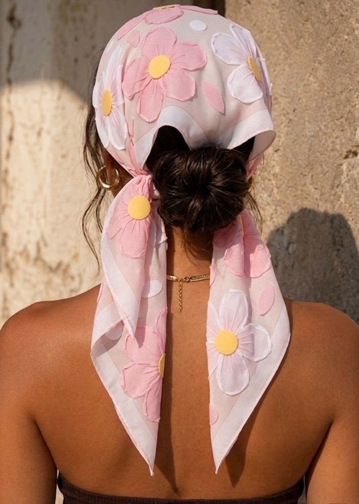 Revam Collection Kadın Pudra Pembe Çiçek Desenli Fular Bandana Şal Saten Pamuk Malzeme ile Günlük Kullanım İçin görsel 2