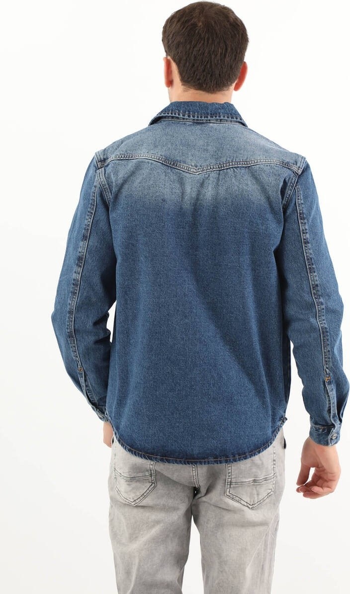 Blue White Erkek Cep Yıkamalı Jean Gömlek Koyu Mavi görsel 5